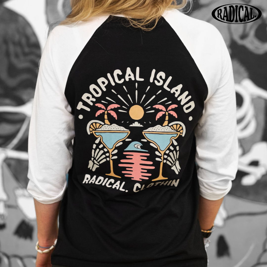 Radical. Tropical Island Unisex Raglan Long Sleeve T-shirt, Black/White
