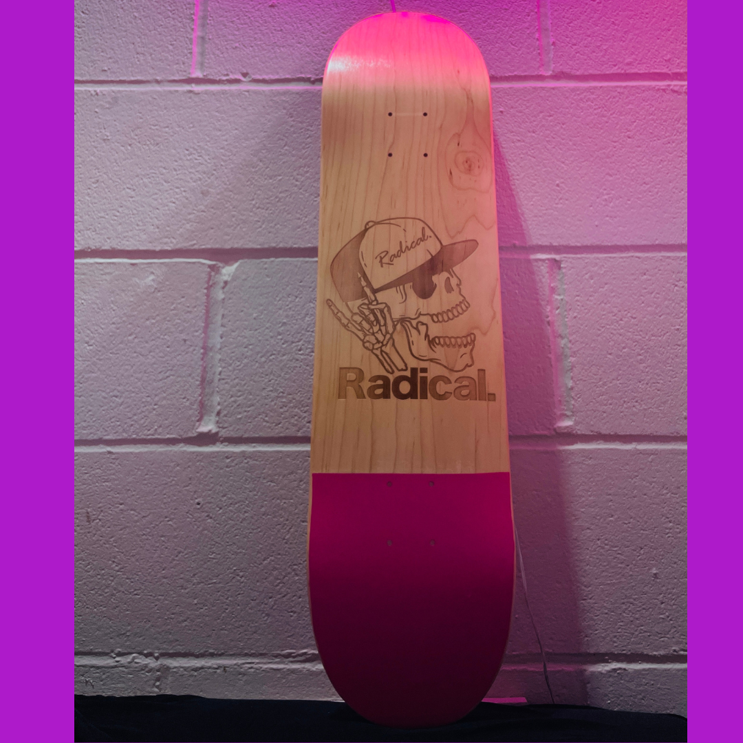 Radical. Pink Dip Skull Logo Skateboard Deck, 7.75 Wide
