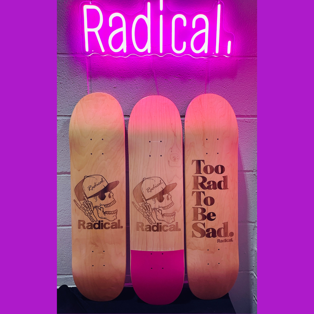 Radical. Pink Dip Skull Logo Skateboard Deck, 7.75 Wide
